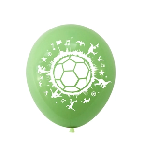 Green 12 inch latex football balloon with printed soccer player silhouettes and stars