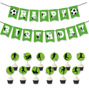 Soccer themed Happy Birthday banner and cupcake toppers set for sport party decor