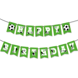 Detail of soccer themed Happy Birthday banner with player silhouettes and football patterns