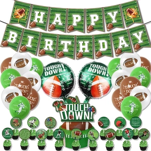 Décoration de fête d'anniversaire thème football américain avec bannières, ballons et toppers
