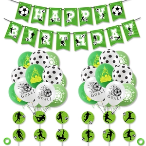 Soccer themed birthday set with Happy Birthday banners, balloons and player cake toppers