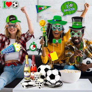 Soccer world cup theme party props set with football plates cups and photo booth masks