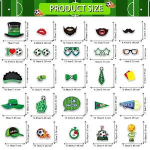 Size chart for 25-piece football theme party photo props with detailed dimensions