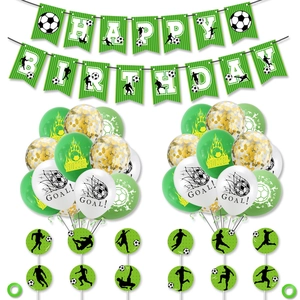 Soccer birthday party kit with Happy Birthday banner, green balloons and cake toppers