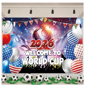 2026 Football World Cup backdrop featuring national flags, stadium lights and soccer theme