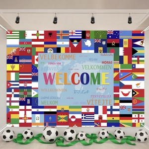 World map background with global flags and multi-language welcome text for events