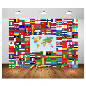 2026 World Cup soccer party decoration banner featuring colorful world map and global flags