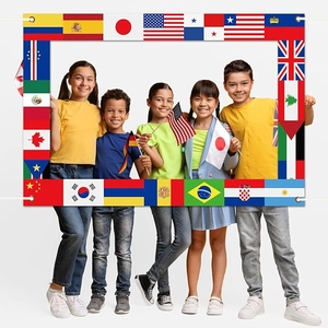 World Cup soccer party photo booth prop set with international flag frame and small flags