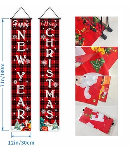 Close-up of red plaid Christmas banners featuring Santa Claus and Happy New Year text