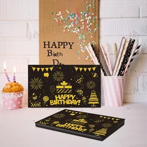 Detail of a black and gold Happy Birthday card with fireworks and gift motifs for parties