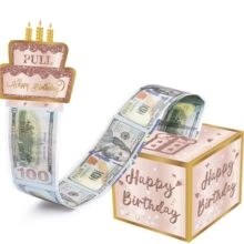 Detailed view of pink Happy Birthday money pull box with transparent plastic cash sleeves