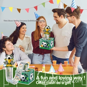 Boîte surprise football pour argent avec motifs de pelouse et poignée trophée