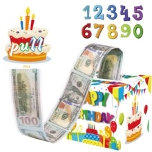 Close-up of a Happy Birthday money pull box with a roll of 100 dollar style plastic bags