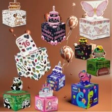 Detailed collection of 3D pop-up gift boxes featuring dinosaur, soccer, and birthday themes
