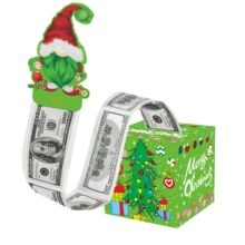 Christmas money pull box set with green tree box and gnome cake topper decorations