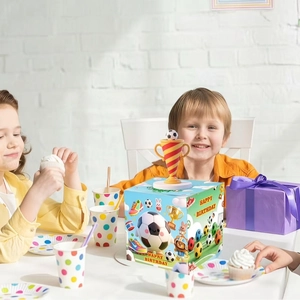 Soccer themed surprise money gift box with a trophy topper for kids birthday party decor