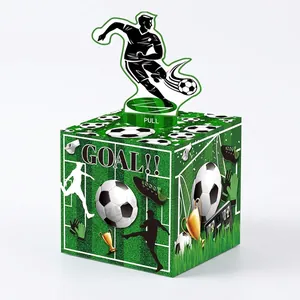 Soccer theme party money pull box with green field graphics and football goal illustrations