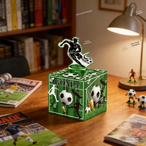 Macro detail of football themed money pull box with GOAL text and creative pop-up player