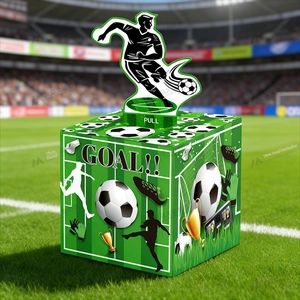 Detail of football themed paper money pull box with stadium textures and goal sign
