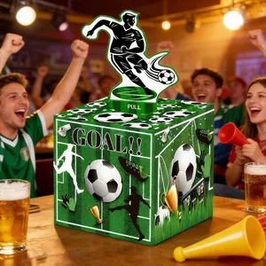 Detail of football party money pull box with PULL tab and soccer player silhouette