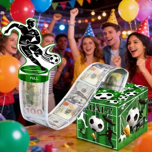 Detail of soccer themed money pulling gift box with pull tab and cash roll display