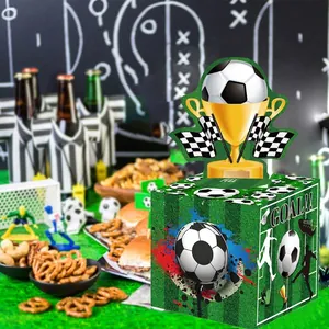 Soccer theme money pull box for parties with goal text and gold trophy decorations