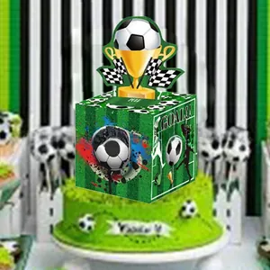 Detail view of soccer theme money pull box with GOAL signage for party decoration