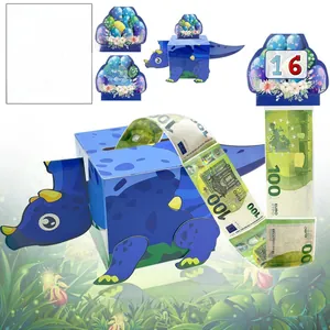 DIY dinosaur money pull box kit with 0-9 number stickers and triceratops design