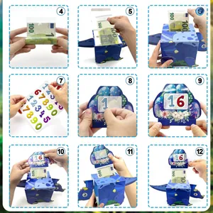 Step-by-step assembly of a dinosaur themed money pull box with digital stickers
