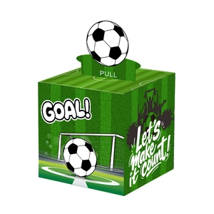 Creative soccer themed money pull box with Goal graphics and grass green turf design