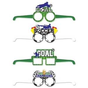 Detail of four creative soccer party glasses with goal and world champion themes