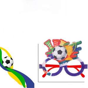Detail view of felt soccer party glasses with dimensions 15cm width and 12.5cm height