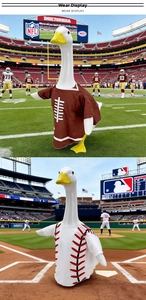 Detail showing porch goose figurines wearing sports jerseys for NFL and MLB fans