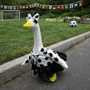 Soccer outfit for garden goose statue with football pattern top and mini pleated skirt