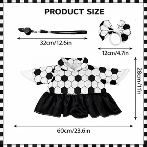 Size chart for soccer baby porch goose outfit including jersey, bow headband, and whistle