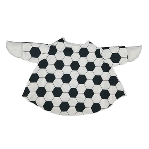 Kids football themed dress with soccer patterns and white wing-style ruffled sleeves