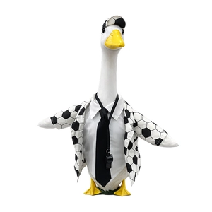 Soccer referee goose yard statue in black and white suit with whistle and football hat
