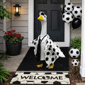 Soccer themed garden goose outfit with football pattern coat and matching sun hat