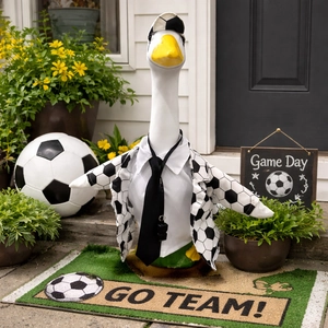 Soccer Theme Goose Statue Outfit With Hat Whistle Suit Jacket And Tie For Porch Garden Decoration Yard Sport Fan Gift