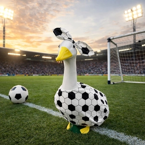 Garden goose statue in black and white soccer outfit with bow on a professional football field