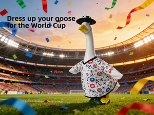 Detail of soccer themed goose statue wearing printed jersey and hat in a stadium setup