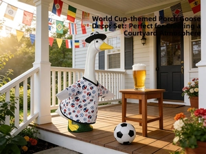 Close-up of white porch goose in soccer jersey and hat with sports garden decorations