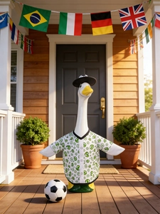 Detailed view of white porch goose statue in soccer print jersey and matching black hat