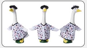 Three-angle view of soccer-themed goose outfit including a jersey and a football hat