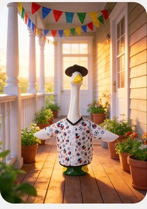 Detailed view of 23-inch garden goose statue wearing soccer jersey and black hat on porch