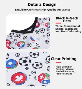 Detail of soccer print goose clothing with black V-neck edging and breathable mesh fabric