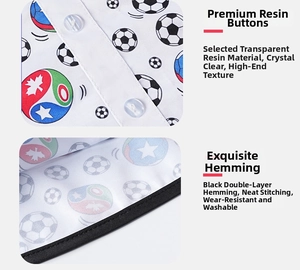 Close-up of resin buttons and black double-stitched edging on football print goose outfit