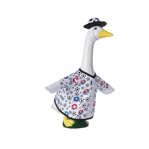 Detail of 23-inch lawn goose outfit featuring soccer jersey print and matching hat