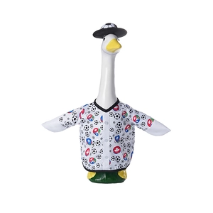 Detail of 23-inch garden goose football outfit with soccer print shirt and black hat