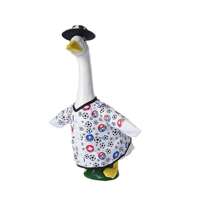 Detail of 23-inch garden goose statue wearing a soccer print shirt and black hat
